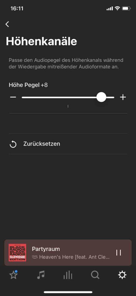 Sonos-S2-App-Screenshot: Regler für den Pegel der Höhen-Kanäle des Era 300. (Foto: Stefan Schickedanz)